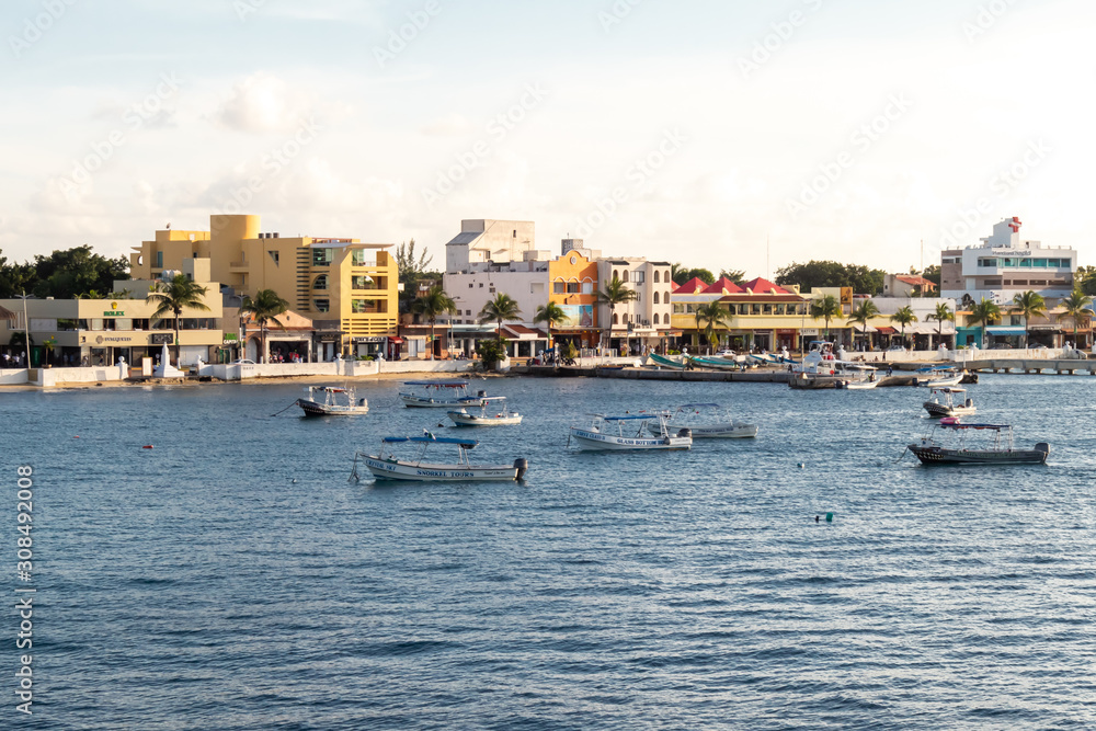 Cozumel, Quintana Roo / Mexico - 11 07 2019: View of Cozumel Island harbour from the water