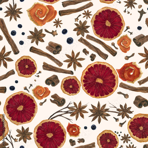 Christmas winter spices in watercolor seamless pattern