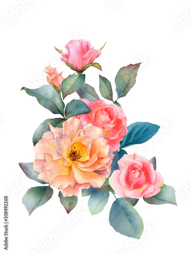 Hand drawn watercolor arrangement with picturesque pink and tea roses  rosebuds and leaves isolated on a white background. Floral botanical illustration for wedding invitations greeting cards patterns