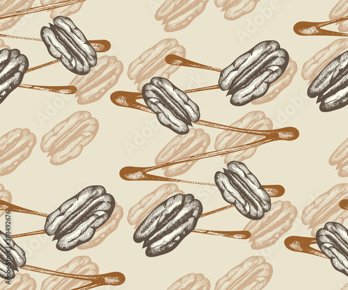 Seamless pattern with pecan nuts, caramel and cheesecake. Hand drawing decorative background. Vector pattern. Print for textile, cloth, wallpaper, scrapbooking