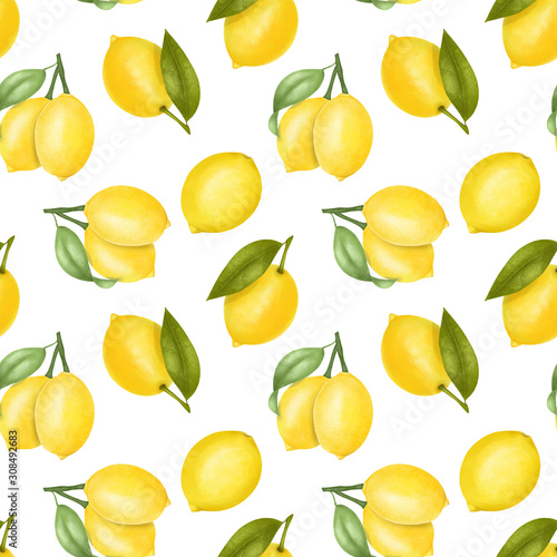 Seamless pattern with hand drawn lemons and leaves on a white background