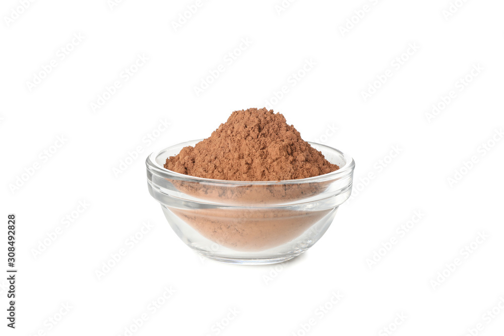 Glass bowl with cocoa powder isolated on white background Glass bowl with cocoa powder isolated on white background