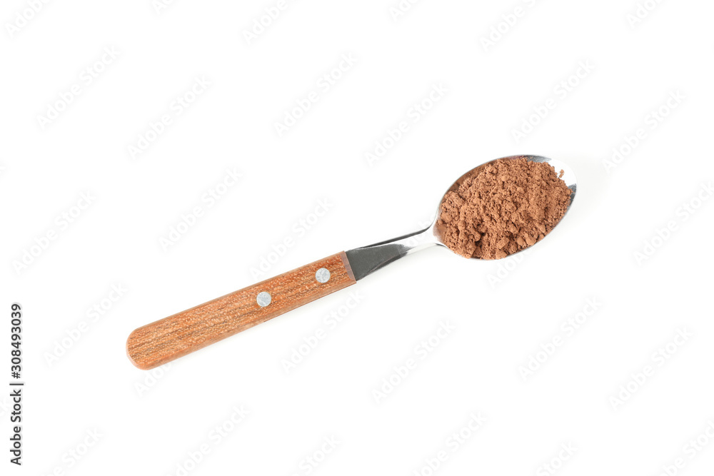 Spoon with cocoa powder isolated on white background Spoon with cocoa powder isolated on white background