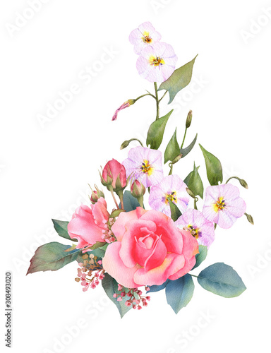 Hand drawn watercolor arrangement with picturesque pink rose  rosebuds  leaves and bindweed branch isolated on a white background.Floral botanical illustration for wedding invitations  cards patterns