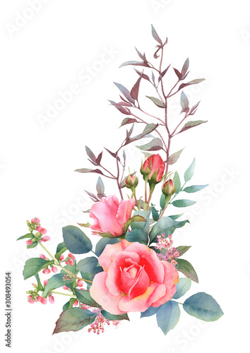 Hand drawn watercolor arrangement with picturesque pink rose, rosebuds, leaves and bindweed branch isolated on a white background.Floral botanical illustration for wedding invitations, cards,patterns