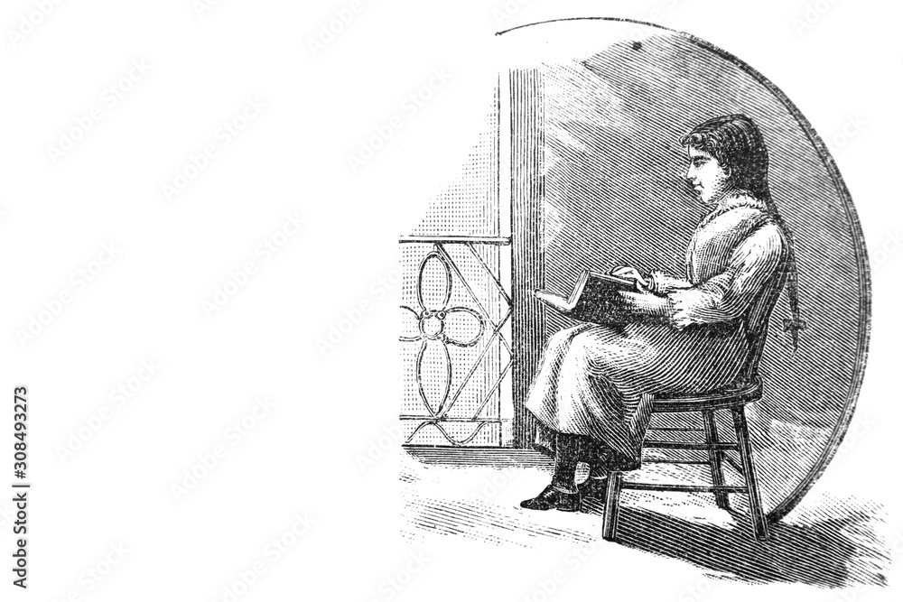 Girl reading a book - 1894 Vintage Engraved Illustration