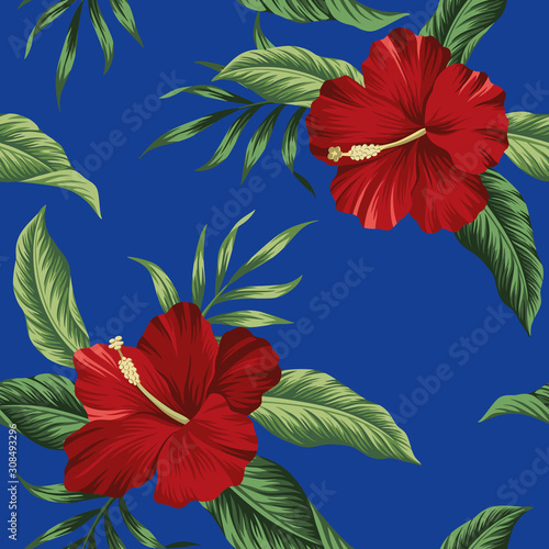 Tropical vintage red flower hibiscus floral green palm leaves seamless pattern blue background. Exotic jungle wallpaper.