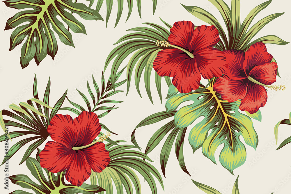 Tropical Hawaiian vintage red hibiscus floral green leaves seamless pattern white background. Exotic jungle wallpaper. - obrazy, fototapety, plakaty 