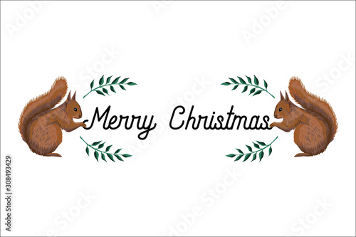 Squirrel and floral green branch winter composition. Merry Christmas greeting slogan.