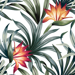 Fototapete Tropische Paradiesblumen-Muster Vintage Strelitzia Palmblätter auf Weiß  © good_mood