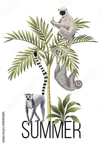 Tropical palm leaves, lemur and sloth floral illustration. Exotic jungle summer slogan.