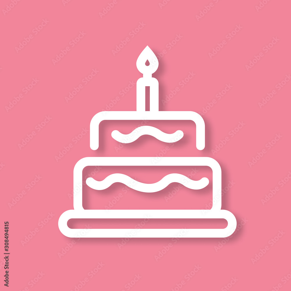 Birthday cake icon on pink background. Digital paper art concept with shadow. Outline icon Birthday cake icon on pink background. Digital paper art concept with shadow. Outline icon