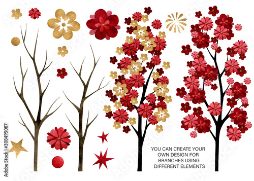 Set of watercolor elements of flowers and branches of Chinese plum and peach. Chinese style hand drawn branches for cards, patterns, wrapping paper and your own design.