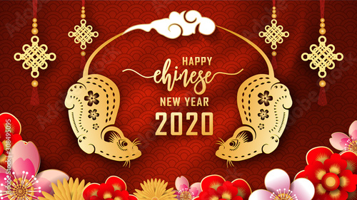 Happy Chinese new year 2020. The year of the Rat. Chinese new year fortune greeting card graphic design background and wallpaper. Red and gold paper cut with plum blossom flower. Asian culture element