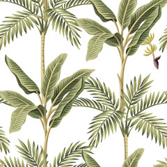 Wandcirkels Botanische print patronen Vintage palmen en bananenbomen wit  © good_mood