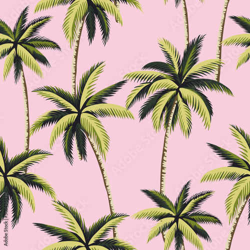 Tropical green palm trees floral seamless pattern pink background. Exotic jungle wallpaper.