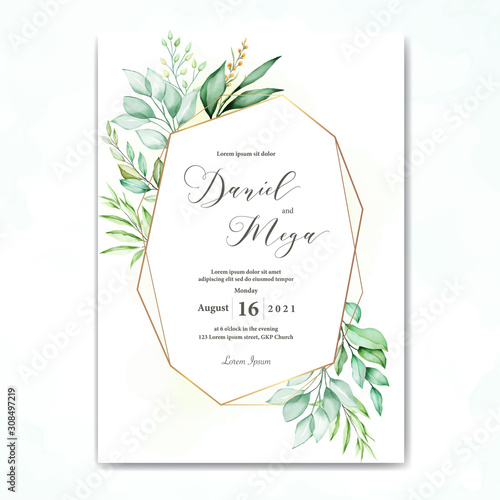 wedding invitation design with green watercolor leaves