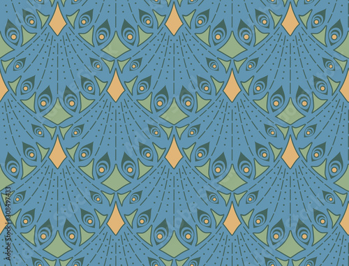 Art nouveau seamless pattern in blue colors. Vintage elegant background
