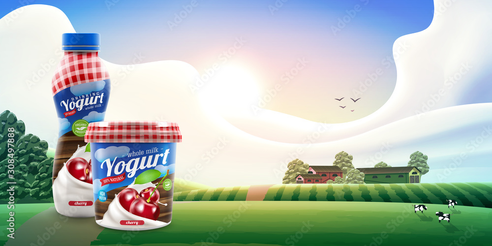 Cherry Yogurt packaging design on rural outdoor background with trees and cows. Beverage vector illustration of yogurt bottle and pot placed together. Product branding or advertising design ready.