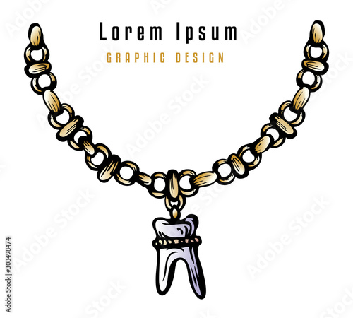 Sketch of vintage pendant with decorative ceramic molar tooth at gold chain.