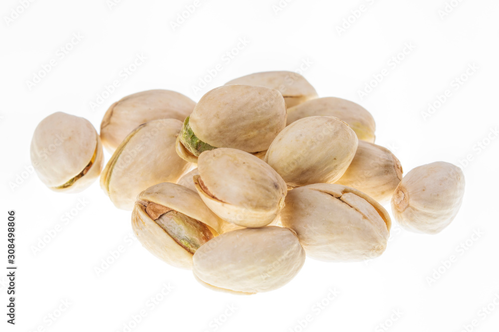 Pistachios make the perfect snack food on a white backgroound Pistachios make the perfect snack food on a white backgroound