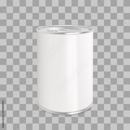 Tin can on a white background at an angle, canned food, template for design and advertising, packaging for canning. Vector mockup.