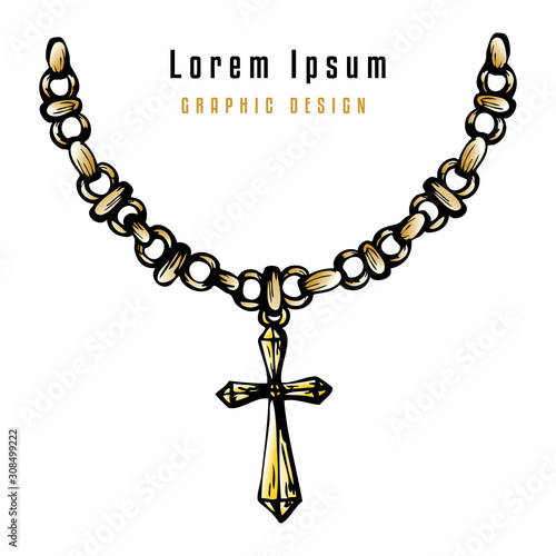 Classic pendant with decorative cross at gold chain.