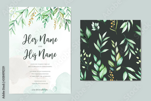 wedding invitation design with green watercolor leaves