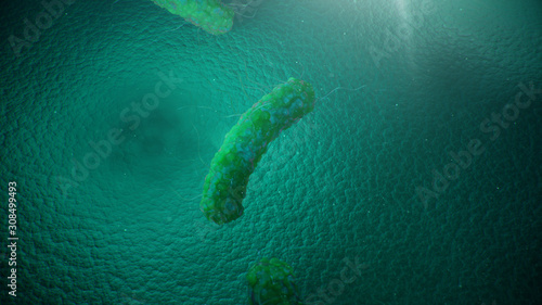 Viruses causing infectious diseases, decreased immunity. Concept of viral disease. Virus abstract background. Cell infect organism. Abstract pathogenic bacteria. Rabies virus, 3d illustration photo