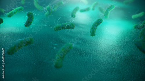 Viruses causing infectious diseases, decreased immunity. Concept of viral disease. Virus abstract background. Cell infect organism. Abstract pathogenic bacteria. Rabies virus, 3d illustration