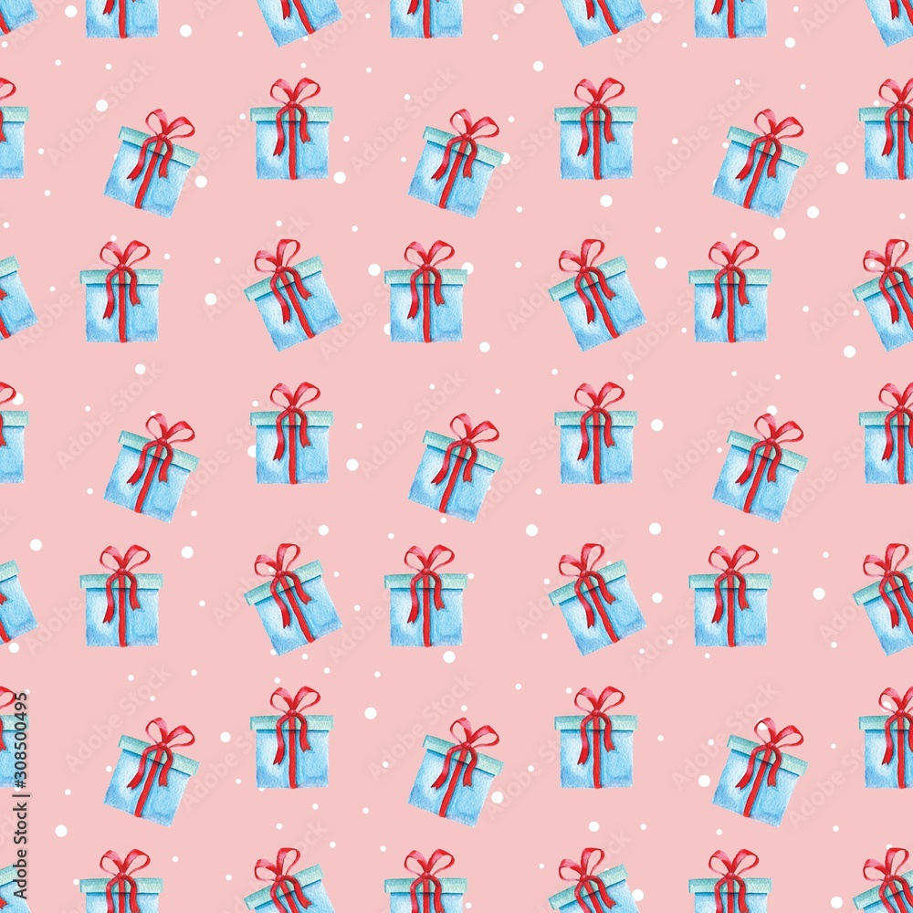 Seamless pink watercolor background with gifts. Watercolor gift box