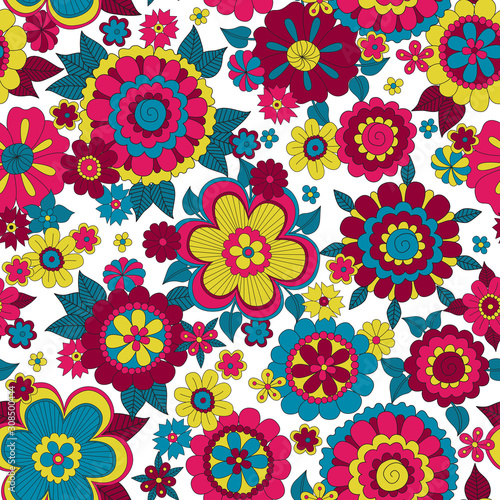 Psychedelic hippie background with flowers. Seamless pattern 60s style