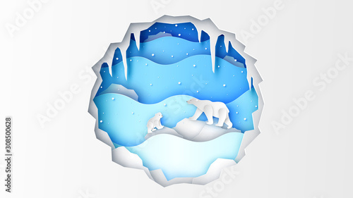 Illustration of mommy and baby polar bear living in north pole in Winter. Landscape in North pole. paper cut and craft style. vector, illustration.