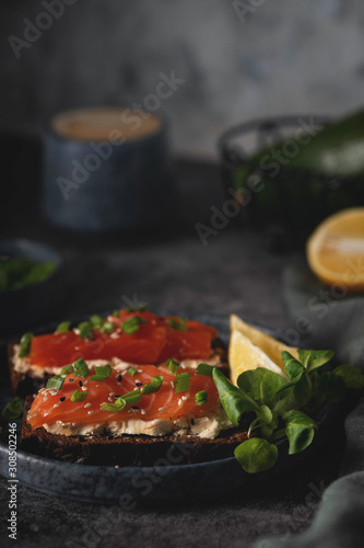 cheese and salmon sandwiches, coffee, breakfast concept