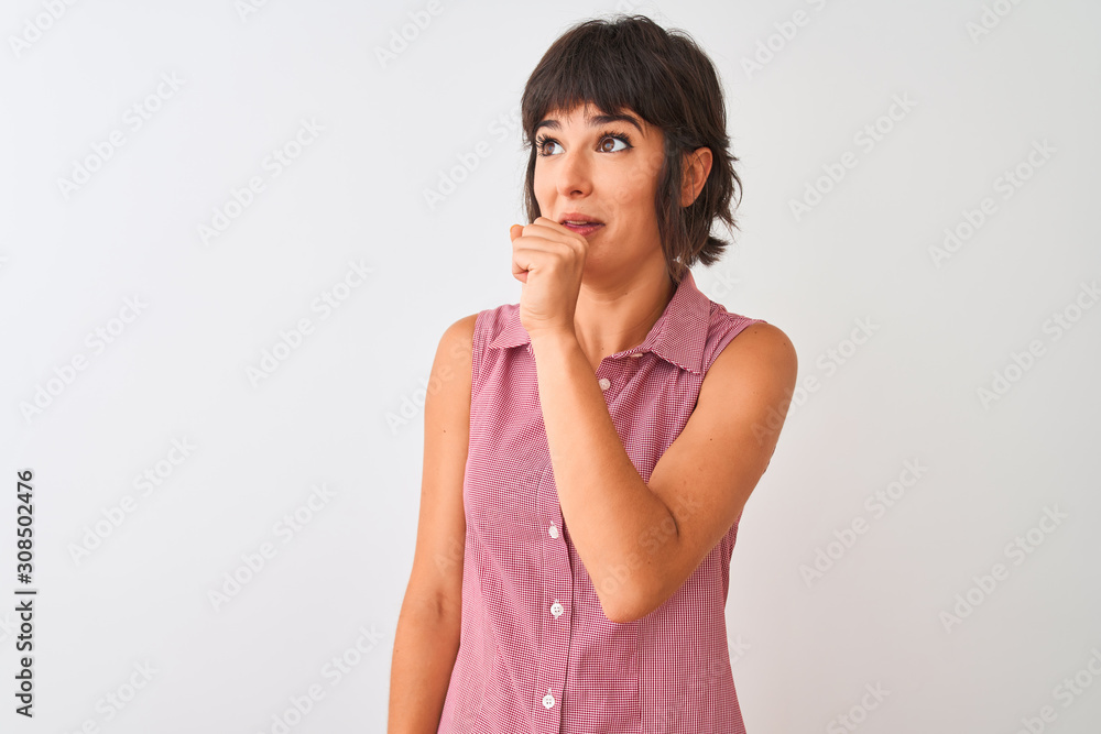 Young beautiful woman wearing red summer shirt standing over isolated white background feeling unwell and coughing as symptom for cold or bronchitis. Healthcare concept. Young beautiful woman wearing red summer shirt standing over isolated white background feeling unwell and coughing as symptom for cold or bronchitis. Healthcare concept.