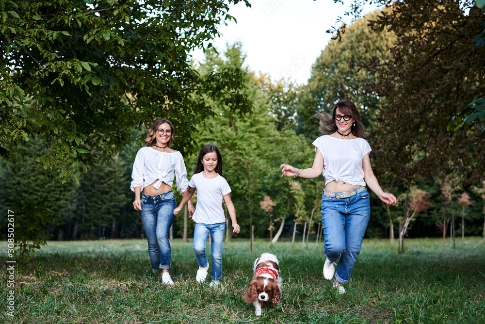 Fototapeta premium Three young girls, wearing blue jeans and white shirts, running in green park with small dog in summer. Family fun walk with cavalier king charles spaniel