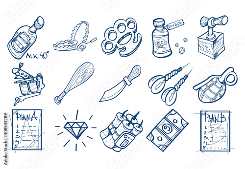 Set of icons in the hand drawing style. Outline drawing for coloring