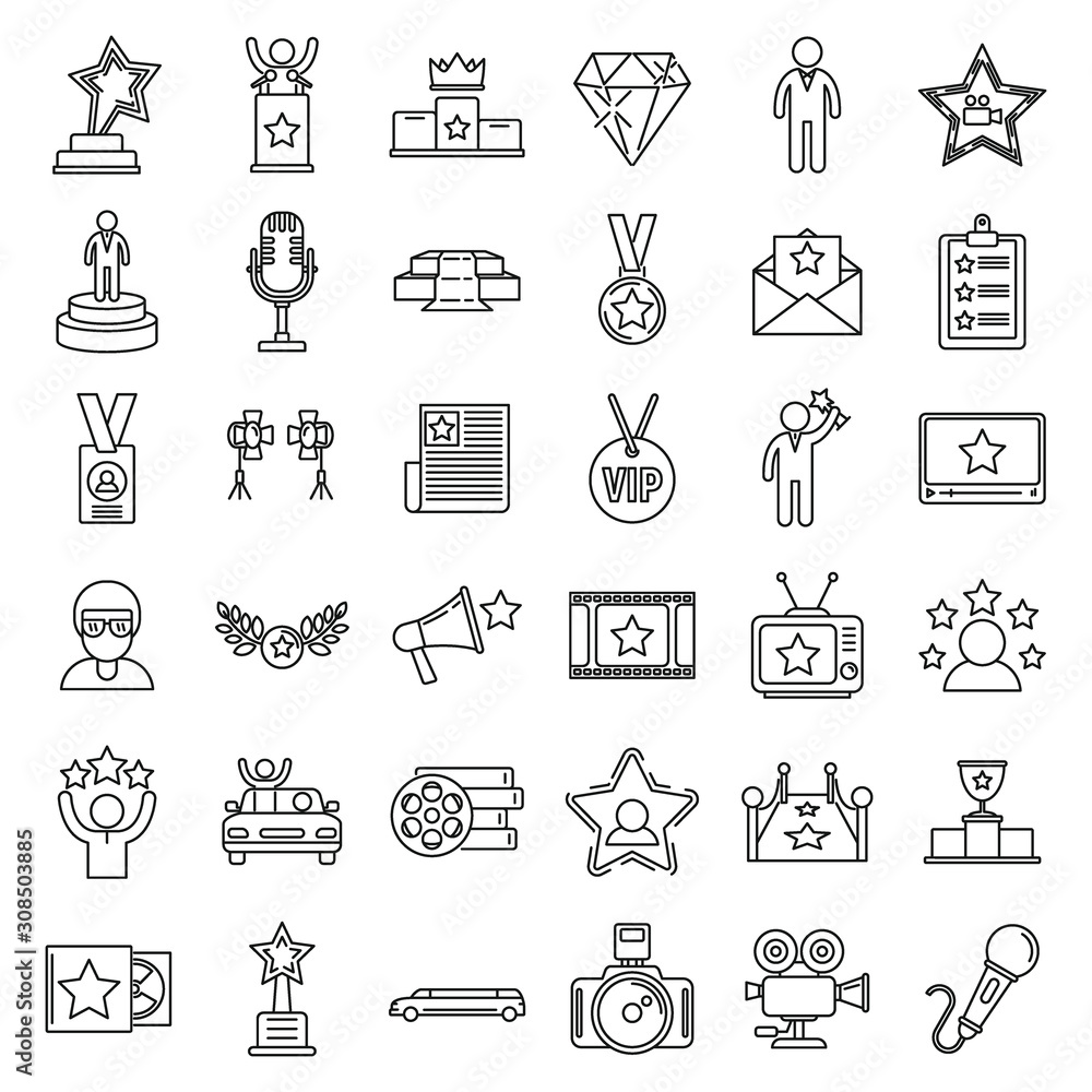 Celebrity famous icons set. Outline set of celebrity famous vector icons for web design isolated on white background