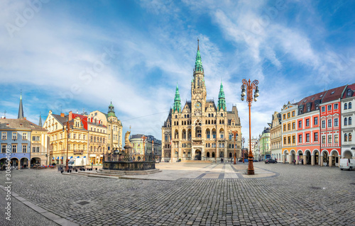 Liberec, Czechia. Panoramic view of main square with Town Hall building and fountain photo