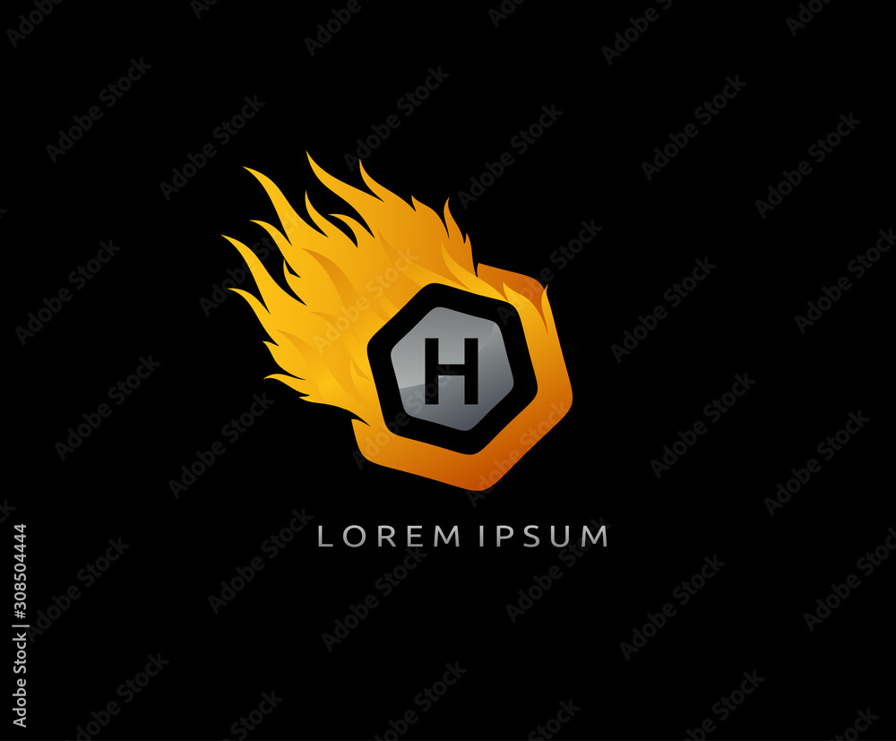 Fototapeta premium Hexa Flame H Letter Logo, Digital Hexagon Fire.