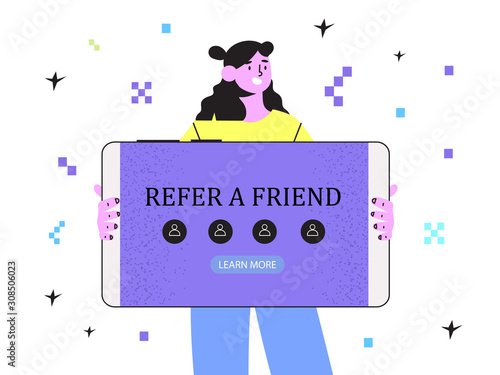 Vector illustration of a girl holding mobile phone with advertisement isolated on a white background. Concept of social promotion, refer a friend, invite a friend, refer and earn. Referal marketing.