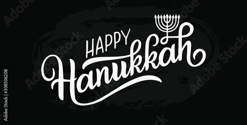 Happy Hanukkah holiday lettering with menorah, isolated on white. Hand drawn vector typographic design with modern calligraphy. Happy Hanukkah logotype, badge and icon typography. EPS 10