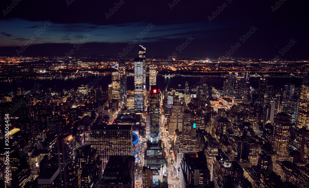 New York City night aerial view on sunset 