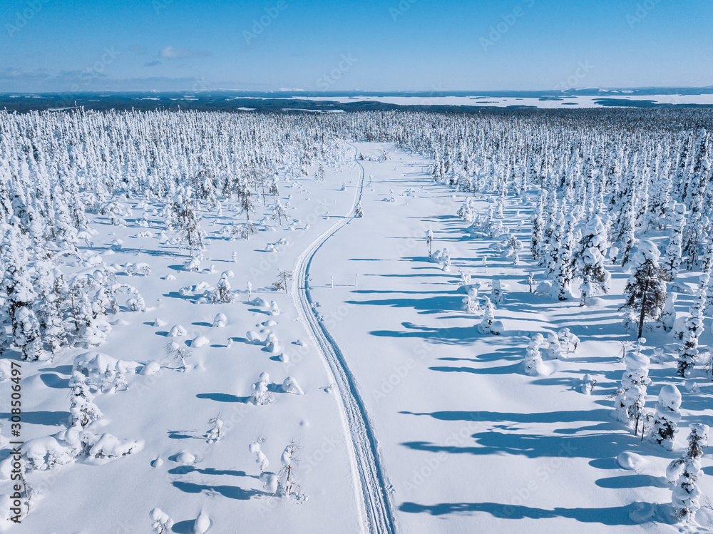 Obraz premium Aerial view of white winter forest with snow covered trees and rural road in Finland