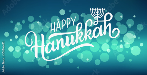 Happy Hanukkah holiday lettering with menorah, isolated on white. Hand drawn vector typographic design with modern calligraphy. Happy Hanukkah logotype, badge and icon typography. EPS 10