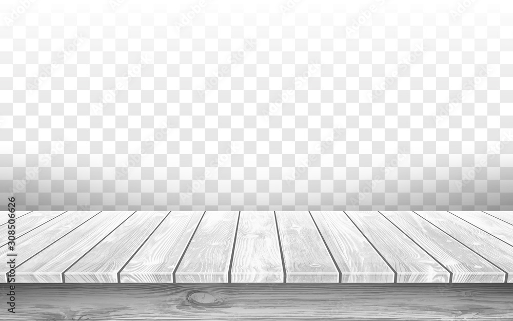 Wooden gray table top with aged surface, realistic vector illustration. Vintage dining table made of wood, realistic plank texture. Empty desk top isolated on transparent wall. - obrazy, fototapety, plakaty 
