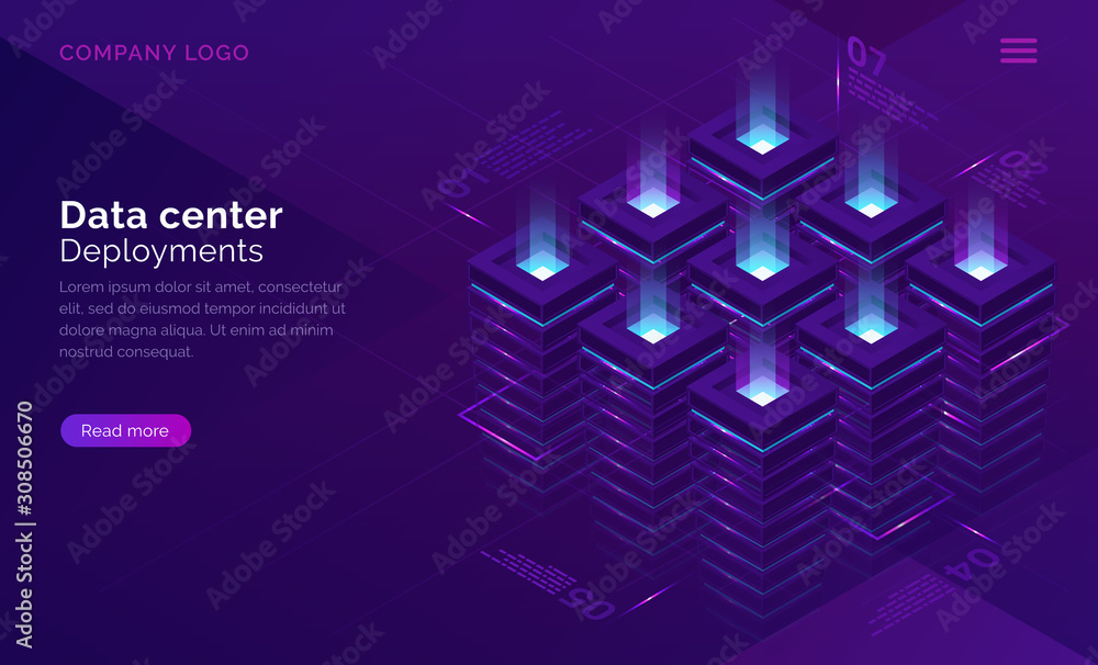 Date center isometric concept vector. Server room with racks, virtual ...