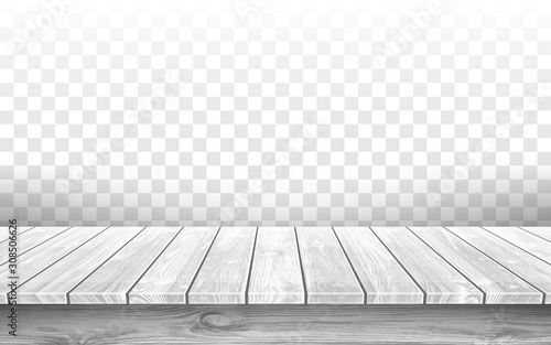 Wooden gray table top with aged surface, realistic vector illustration. Vintage dining table made of wood, realistic plank texture. Empty desk top isolated on transparent wall.