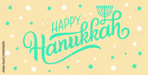 Happy Hanukkah holiday lettering with menorah, isolated on white. Hand drawn vector typographic design with modern calligraphy. Happy Hanukkah logotype, badge and icon typography. EPS 10