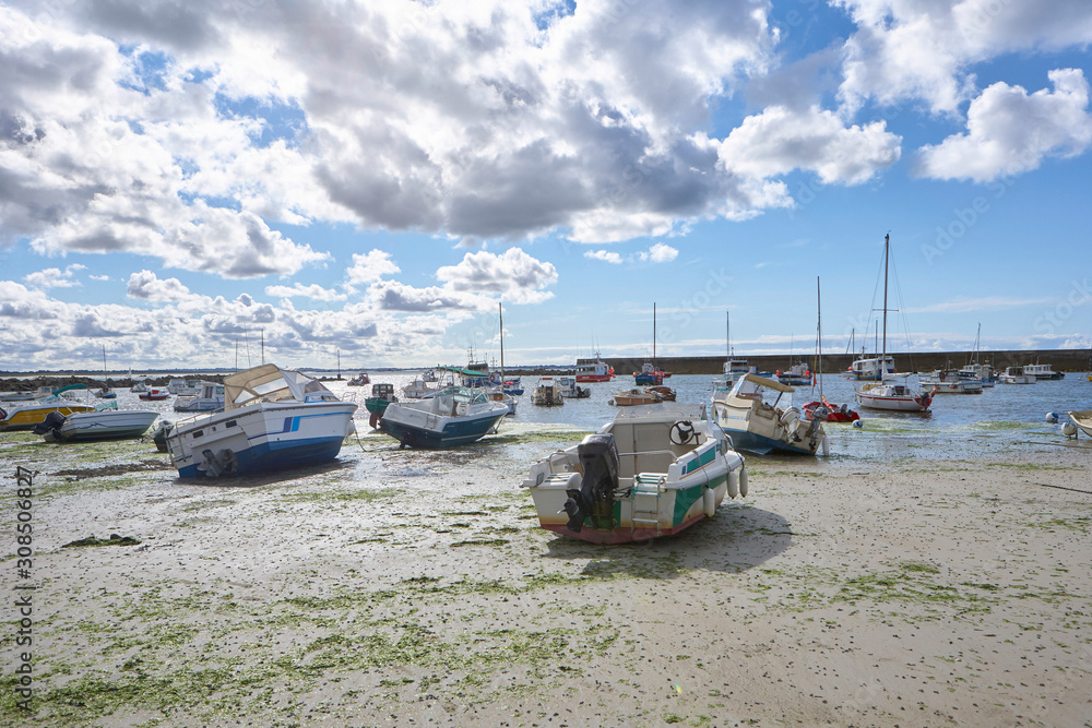 Fototapeta premium Sunny summer day at the coast, low tide at a small idyllic harbour with nice boats, view to the sea